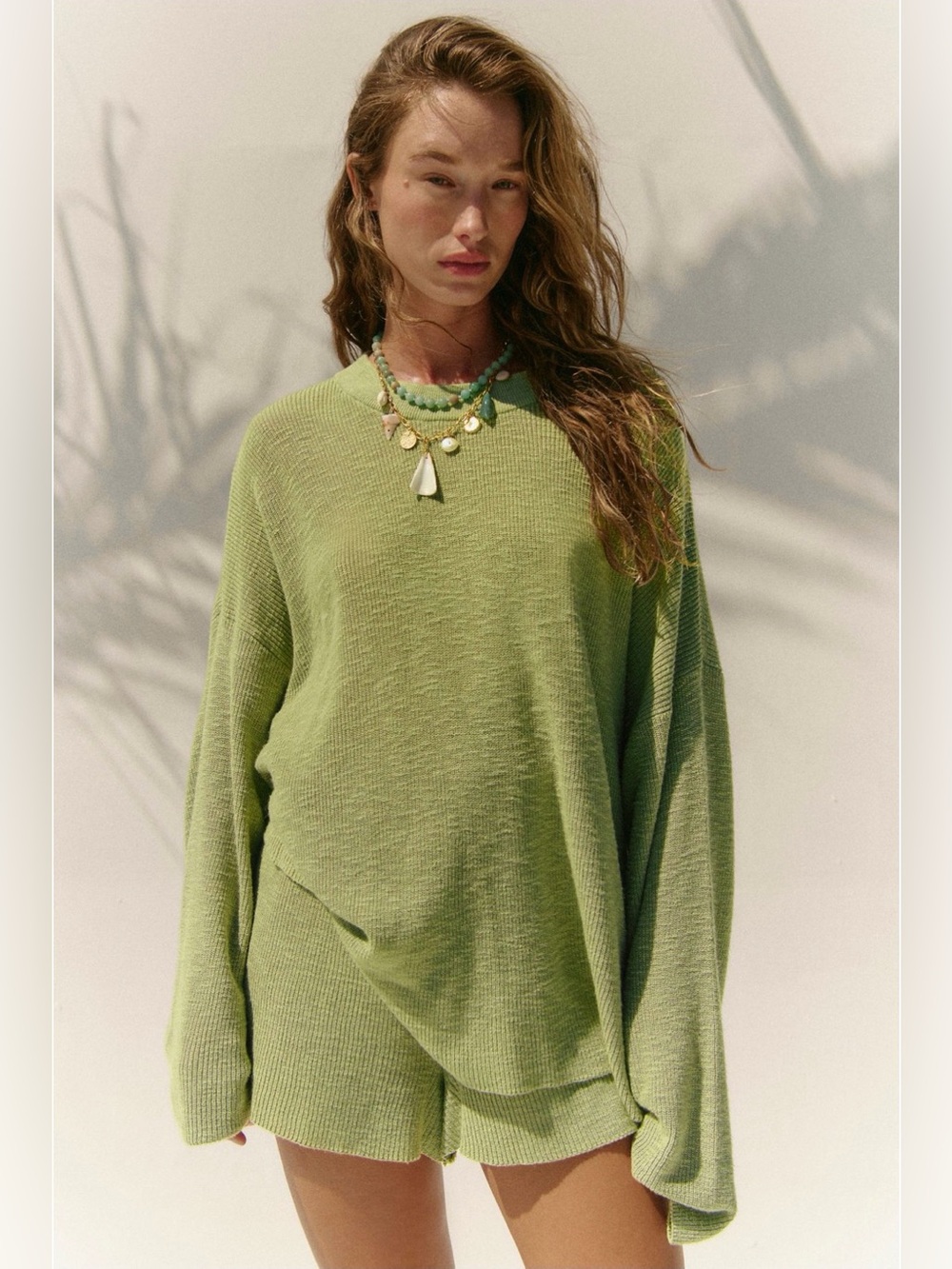 FP Beach Free People Olive Green Oversized Ribbed Knit Crewneck Sweater Medium
